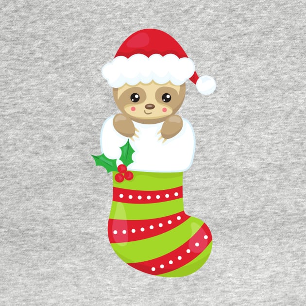 Christmas Sloth, Christmas Stocking, Santa Hat by Jelena Dunčević